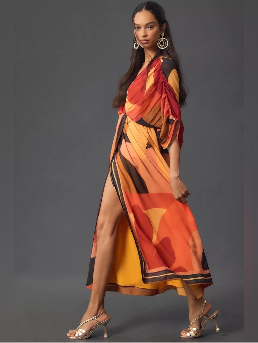 FARM Rio Orange Red Yellow Abstract Pleated Maxi Dress